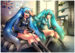  2girls aqua_eyes aqua_hair artist_name blue_eyes blue_hair book bookshelf controller emperpep flag grin hatsune_miku kneehighs long_hair multiple_girls open_mouth sitting smile spas-12 twintails very_long_hair vocaloid 