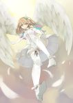  1girl angel_wings bare_shoulders blonde_hair boots dress elbow_gloves feathers flying gloves green_eyes hair_ornament highres looking_down original pointy_ears short_hair shorts smile solo thigh_boots thighhighs u_nagi white_gloves wings 