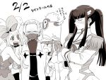  1boy 3girls alternate_hairstyle anger_vein annoyed blush bow crossed_arms epaulettes hair_bow harime_nui hat iori_shirou jakuzure_nonon junketsu kill_la_kill kiryuuin_satsuki m1003 monochrome multiple_girls shako_cap translation_request twintails 