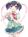  1girl alternate_costume black_hair blue_eyes blush breasts enmaided heart heart_hands kantai_collection komachi_naruta maid open_mouth personification ribbon short_hair skirt smile souryuu_(kantai_collection) twintails waitress white_legwear 