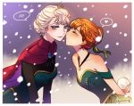  2girls anna_(frozen) bare_shoulders blue_eyes blush braid brooch cape cheek_kiss closed_eyes dress elsa_(frozen) frozen_(disney) hair_bun hair_ribbon heart hooreng jewelry kiss multiple_girls necklace orange_hair ribbon siblings silver_hair sisters smile snow snowball spoken_blush spoken_heart tiara 