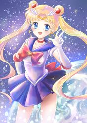  1girl absurdres bishoujo_senshi_sailor_moon blonde_hair blue_eyes blue_skirt bow brooch choker double_bun earrings elbow_gloves gloves hair_ornament hairpin hand_on_hip highres jewelry kashiwagi_chisame long_hair magical_girl planet ribbon sailor_collar sailor_moon skirt smile solo tiara tsukino_usagi twintails v white_gloves 