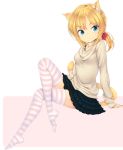  1girl animal_ears arm_support blonde_hair blue_eyes bow cat_ears cat_tail crossed_legs frilled_skirt frills hair_bow original ponytail sitting skirt sleeves_past_wrists solo striped striped_legwear tail thighhighs zettai_ryouiki zizi_(zz22) 