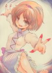  1girl absurdres ballpoint_pen_(medium) barefoot blouse brown_eyes brown_hair gradient gradient_background hairband highres leg_up looking_at_viewer marker_(medium) nib_pen_(medium) nishina_masato open_mouth outstretched_arms short_hair skirt solo spread_arms touhou traditional_media tsukumo_yatsuhashi 