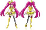  2girls aino_megumi asymmetrical_legwear bow cure_lovely dual_persona earrings frills hair_bow hand_on_hip happinesscharge_precure! jacket jewelry lollipop_hip_hop long_hair magical_girl multiple_girls official_art pink_eyes pink_hair precure single_shoe single_thigh_boot skirt smile thighhighs twintails white_background wrist_cuffs 