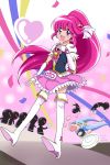  &gt;_&lt; 2girls :d aino_megumi aitaso blue_hair boots bowtie chibi cure_lovely cure_princess dress earrings frills hair_ornament hairpin happinesscharge_precure! jewelry long_hair magical_girl multiple_girls open_mouth pink_dress pink_eyes pink_hair ponytail precure shirayuki_hime skirt smile thigh_boots thighhighs twintails white_legwear wrist_cuffs 