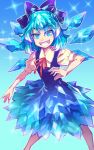  1girl blue_background blue_dress blue_eyes blue_hair bow cirno dress hair_ribbon ice ice_wings looking_at_viewer puffy_sleeves ribbon shirt short_hair short_sleeves simple_background smile solo sparkle touhou white_shirt wings zounose 