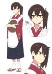  1girl aircraft_carrier aircraft_carrier(s) alternate_costume apron brown_eyes brown_hair expressions highres japanese_clothes kaga_(kantai_collection) kantai_collection light_smile rough short_hair side_ponytail solo tray yomosaka 