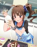  &gt;:d :d ahoge apron baking blush brown_hair grin hair_ribbon idolmaster idolmaster_million_live! jewelry necklace official_art open_mouth pastry_bag ponytail ribbon side_ponytail smile violet_eyes yokoyama_nao 