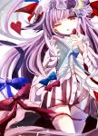  1girl absurdres book crescent food fruit fumiko_(miruyuana) hair_ribbon hat heart highres long_hair open_mouth patchouli_knowledge purple_hair ribbon solo strawberry touhou violet_eyes wink 
