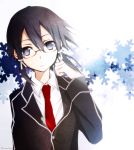  1girl androgynous asada_shino black_hair brown_eyes glasses necktie school_uniform short_hair sword_art_online tsukimori_usako 