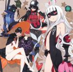  3girls :&lt; artist_request bangs bare_legs barefoot black_gloves black_hair black_panties blunt_bangs brown_hair cape character_request crossed_legs eyepatch flat_chest gauntlets glasses gloves harness hat helmet highres horns jacket_on_shoulders long_hair mask multiple_girls navel open_mouth panties plamja-sama professor_um red_eyes scan sekai_seifuku:_bouryaku_no_zvezda sitting smile thigh_gap underwear venera-sama white_hair 