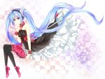  1girl absurdly_long_hair blue_eyes blue_hair hand_on_own_chest hatsune_miku headphones high_heels long_hair looking_at_viewer meggy0939 skirt smile solo thighhighs twintails very_long_hair vocaloid 