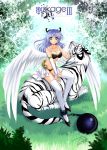  1girl angel_wings ankle_cuffs ball_and_chain_restraint blue_eyes blue_hair bow bra breasts cleavage hair_bow highres kanna_(plum) lingerie long_hair pixiv_shadow sitting smile solo thighhighs tiger underwear white_legwear white_tiger wings 