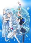  2girls arm_up black_legwear blue_eyes blue_hair color_connection crown cure_marine cure_princess happinesscharge_precure! heartcatch_precure! humiu kurumi_erika long_hair magical_girl multiple_girls open_mouth precure shirayuki_hime skirt thighhighs twintails v very_long_hair white_legwear wrist_cuffs 