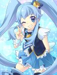  1girl blue blue_background blue_eyes blue_hair blue_legwear blue_skirt crown cure_princess earrings eyelashes grin happinesscharge_precure! happy jewelry kuune_rin long_hair looking_at_viewer magical_girl precure shirayuki_hime shirt skirt smile solo thighhighs thighs twintails v wink wrist_cuffs zettai_ryouiki 