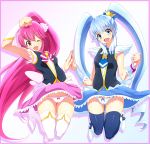  2girls aino_megumi blue_background blue_eyes blue_hair blue_legwear blue_skirt boots crown cure_lovely cure_princess earrings eyelashes gradient gradient_background hair_ornament happinesscharge_precure! happy heart heart_hair_ornament jewelry looking_at_viewer magical_girl multiple_girls open_mouth p-chan_(mitsuta52) pink_background pink_eyes pink_hair pink_skirt ponytail precure puffy_sleeves shirayuki_hime shirt skirt smile thigh_boots thighhighs twintails white_legwear wink wrist_cuffs zettai_ryouiki 