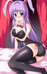  1girl animal_ears bare_arms bare_shoulders black_legwear blush breast_lift breasts bunny_girl bunny_tail bunnysuit cleavage collar collarbone embarrassed highres leotard long_hair looking_at_viewer naba_(take_tonbo) open_mouth purple_hair rabbit_ears red_eyes reisen_udongein_inaba sitting solo tail thighhighs touhou very_long_hair wrist_cuffs 