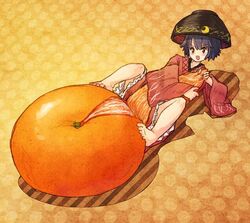  1girl bowl food food_themed_clothes fruit japanese_clothes kimono mandarin_orange minigirl object_on_head peeling purple_hair short_hair smile sukuna_shinmyoumaru touhou urin 