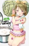  1girl arms_up bare_shoulders barefoot blush bracelet breath brown_hair bushel carrying flower hair_ribbon haruken jewelry kneeling koizumi_hanayo looking_at_viewer love_live!_school_idol_project midriff navel open_mouth ribbon rice rice_cooker short_hair skirt solo steam tattoo violet_eyes 