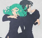  2girls back-to-back black_dress black_hair blue_eyes closed_mouth curly_hair dress expressionless fighting_stance fubuki_(onepunch_man) green_eyes green_hair multiple_girls onepunch_man siblings simple_background sisters tatsumaki 
