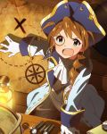  1girl ahoge aqua_eyes baba_konomi binoculars braid brown_hair d:&lt; gloves hat idolmaster idolmaster_million_live! long_hair looking_at_viewer map monocle official_art open_mouth pirate_hat ponytail skull_and_crossbones 