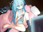  1girl aramaki_dori bags_under_eyes blue_eyes blue_hair controller game_controller hatsune_miku messy_hair open_mouth pillow sitting skirt skirt_removed solo sweatdrop television vocaloid 