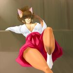  1girl animal_ears aoino_broome breasts breasts_apart brown_eyes brown_hair fox_ears furry grin hakama japanese_clothes large_breasts miko no_bra original short_hair sitting smile socks 