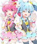  2girls aino_megumi blue_eyes blue_hair blue_legwear blue_skirt boots crown cure_lovely cure_princess earrings eyelashes hair_ornament happinesscharge_precure! happy heart heart_hair_ornament highres jewelry kyapinetzu looking_at_viewer magical_girl multiple_girls open_mouth pink_eyes pink_hair pink_skirt ponytail precure puffy_sleeves shirayuki_hime shirt skirt smile thigh_boots thighhighs twintails white_legwear wink wrist_cuffs zettai_ryouiki 