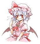  1girl alternate_hairstyle ascot bat_wings blue_hair blush brooch bust dress flying_sweatdrops jewelry maru_usagi pigtail pink_dress pointy_ears puffy_sleeves red_eyes remilia_scarlet sash short_sleeves simple_background smile solo touhou white_background wings 