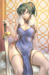  1girl blue_eyes breasts cleavage earrings fire_emblem fire_emblem:_rekka_no_ken fur_trim green_hair hips jewelry large_breasts lyndis_(fire_emblem) panties ponytail shinon_(tokage_shuryou) side-tie_panties sword thighhighs thighs underwear weapon wide_hips 