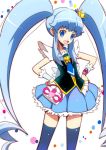  1girl blue_eyes blue_hair blue_legwear blue_skirt crown cure_princess eyelashes happinesscharge_precure! happy jewelry long_hair looking_at_viewer magical_girl open_mouth precure shirayuki_hime shirono shirt skirt smile solo thighhighs thighs twintails white_background wrist_cuffs zettai_ryouiki 
