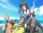  1boy 1girl barrel black_hair blue_eyes blue_hair boots bottle breasts chain_necklace cleavage clouds coffee_mug collarbone convenient_leg crossed_legs cyborg fishnet_legwear fishnets franky frown garter_straps lipstick long_hair long_sleeves looking_at_another makeup newspaper nico_robin nika_(nikasa_an) ocean one_piece open_clothes open_shirt pompadour reading sideburns sitting_on_object sky steam sunglasses sunglasses_on_head thighhighs 