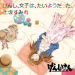  1boy bag block blush brown_eyes brown_hair copyright_name crossdressinging dress genshiken hat hato_kenjirou highres jacket logo long_hair male official_art open_mouth rabbit sleeping solo trap 