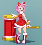  1girl amy_rose animal_ears antenna_hair boots bracelet cat_ears dress fake_animal_ears full_body gloves green_hair hairband huge_weapon jewelry knee_boots koi_drake mallet pink_hair red_dress shooting_glasses simple_background sleeveless sleeveless_dress small_breasts smile solo sonic_the_hedgehog weapon white_gloves 
