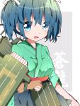  1girl arrow blue_eyes blue_hair blush breasts flight_deck japanese_clothes kantai_collection open_mouth personification quiver ribbon short_hair skirt smile souryuu_(kantai_collection) twintails 