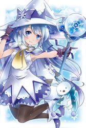  1girl blue_eyes blue_hair dress gloves hat hatsune_miku long_hair magical_girl rabbit snow solo staff twintails vocaloid winter witch_hat yuki_miku 