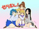  5girls aino_minako bishoujo_senshi_sailor_moon black_eyes black_hair blonde_hair blue_eyes blue_hair blush brown_hair double_bun earrings green_eyes hino_rei jewelry k-on! kino_makoto long_hair mizuno_ami multiple_girls open_mouth parody ponytail ribbon sailor_moon school_uniform short_hair skirt smile socks tsukino_usagi twintails v white_legwear wink 