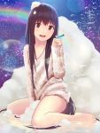  1girl barefoot brown_hair bubble bubble_blowing foam kurei_mamoru legs long_hair original rainbow sitting solo sweater 