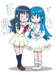  2girls ;d blue_eyes blue_hair blush_stickers casual collarbone dress happinesscharge_precure! heartcatch_precure! kurumi_erika long_hair multiple_girls open_mouth precure school_uniform shirayuki_hime smile sweatdrop translated wink 