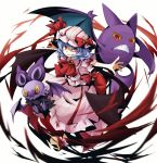  1girl ascot bat bat_wings blue_hair bow brooch crobat dress grin hacko hat hat_bow hat_ribbon jewelry looking_at_viewer mob_cap noibat outstretched_arms pink_dress pokemon pokemon_(creature) puffy_sleeves red_eyes remilia_scarlet ribbon shaded_face short_sleeves smile touhou wings 
