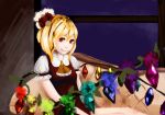  1girl alternate_hairstyle ascot blonde_hair couch faux_traditional_media flandre_scarlet hair_ornament looking_at_viewer night red_eyes shirt short_hair sitting smile solo superparadox touhou window wings 