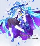  1girl 2014 blue_eyes blue_hair boots cape character_name copyright_name fingerless_gloves gloves hat hatsune_miku high_heels highres long_hair magical_girl pantyhose rei_ku_(lucrecia069) skirt smile snowflakes solo twintails very_long_hair vocaloid wand witch_hat yuki_miku 