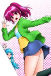  2girls :3 :d aino_megumi blue_eyes blue_hair dress eyelashes gradient gradient_background green_jacket happinesscharge_precure! happy jacket long_hair looking_at_viewer mattsua multiple_girls open_mouth pink_background pink_eyes pink_hair polka_dot polka_dot_background ponytail precure ribbon_(happinesscharge_precure!) shirayuki_hime shirt skirt smile socks white_background 