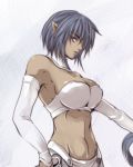  1girl alternate_hairstyle arshes_nei ayase_(hyoukyou) bastard!! blue_hair breasts dark_skin detached_collar detached_sleeves lowres midriff navel pointy_ears solo 