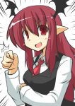  /\/\/\ 1girl dress_shirt fig_sign gomasamune head_wings koakuma long_hair looking_at_viewer necktie open_mouth pointy_ears red_eyes redhead shirt smile solo touhou 