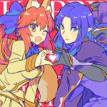  2girls animal_ears blue_eyes blue_hair braid brown_eyes caster caster_(fate/extra) fang fate/extra fate/stay_night fate_(series) fox_ears fox_tail hair_ribbon heart heart_hands heart_hands_duo long_hair multiple_girls pink_hair pointy_ears ribbon sexy44 tail twintails wink 