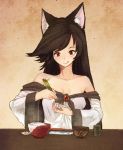  1girl animal_ears bowl brown_hair chopsticks cleavage cup dish dress food imaizumi_kagerou jewelry long_hair long_sleeves looking_down off_shoulder red_eyes rice rice_bowl simple_background smile solo table teacup tongue tongue_out touhou urin wide_sleeves wolf_ears 