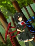  1girl ahoge arm_behind_back asymmetrical_wings black_dress black_hair black_legwear bow darktrident dress dutch_angle forest hand_on_hip houjuu_nue looking_at_viewer nature polearm puffy_short_sleeves puffy_sleeves red_eyes short_hair short_sleeves smile solo thighhighs touhou weapon wings wrist_cuffs zettai_ryouiki 