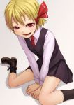  1girl black_legwear blonde_hair blush boots bow grey_background hair_bow kurione_(zassou) long_sleeves looking_at_viewer looking_up necktie open_mouth red_eyes rumia shirt short_hair simple_background sitting skirt skirt_set smile socks solo touhou vest white_shirt 